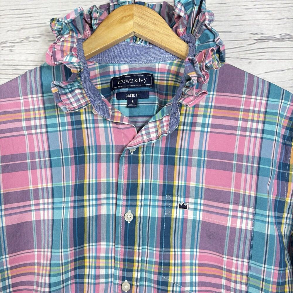 Crown & Ivy Upcycled Re-worked  Ruffle Collar Small Medium Pastel Plaids Pink - Picture 2 of 10